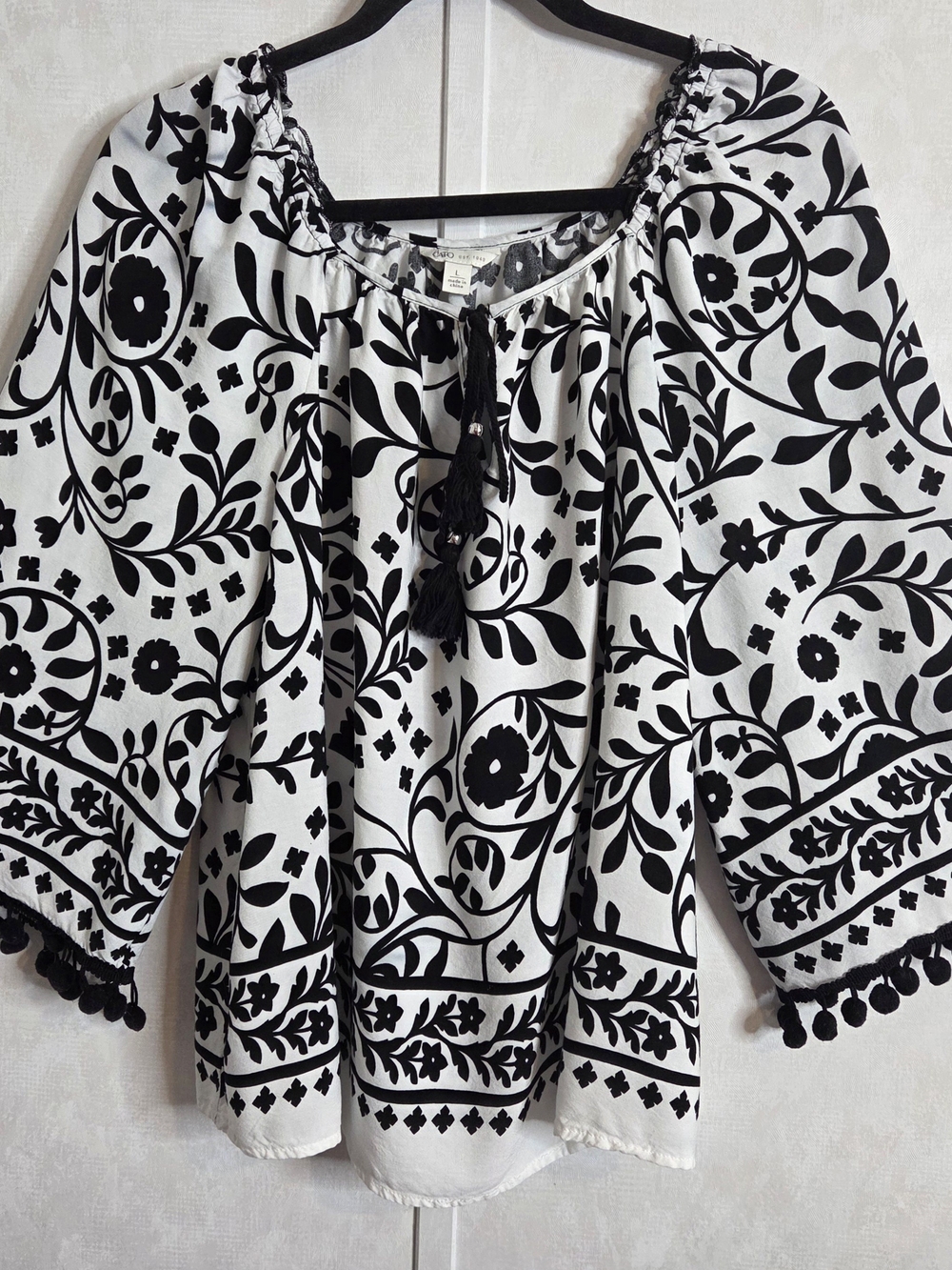 Cato Size L Black and White Floral Peasant Blouse with Tassel Tie & Pompoms